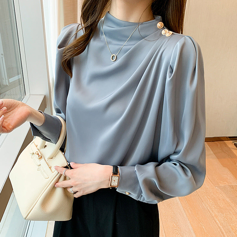 women's stand collar lantern sleeve shirt, view 2 - MRSLM