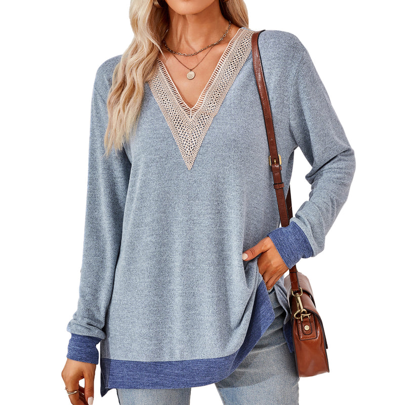 women's v-neck lace trim t-shirt, view 7 - MRSLM