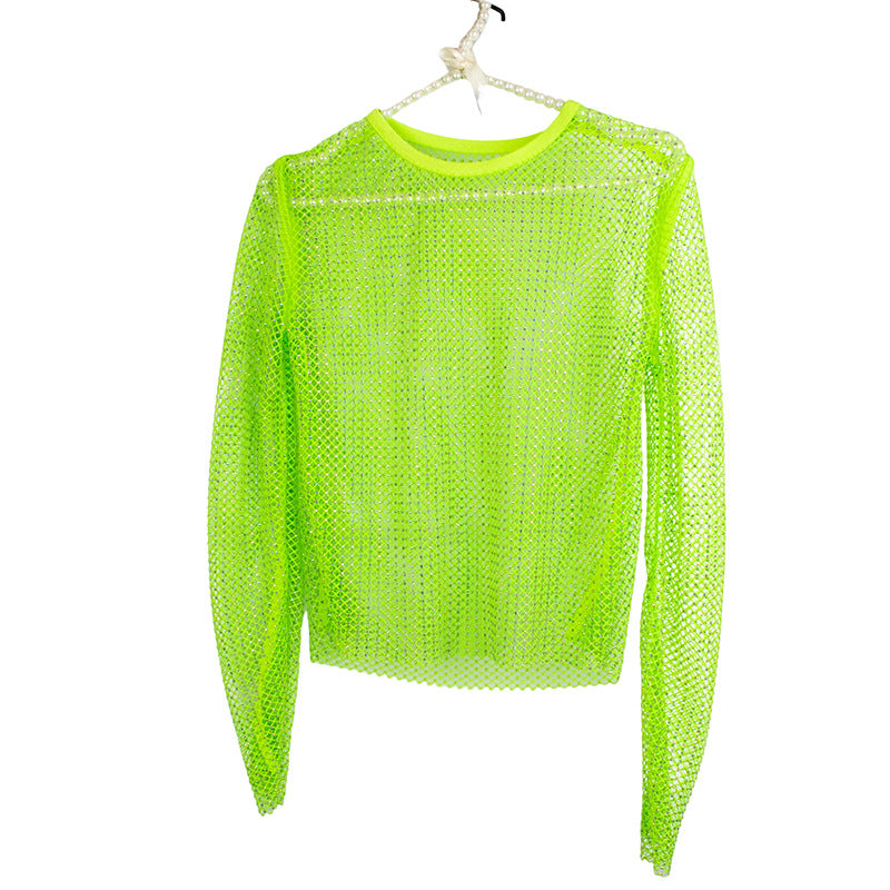 Women's Fashion Simple Solid Color Mesh Rhinestone Long Sleeve Top