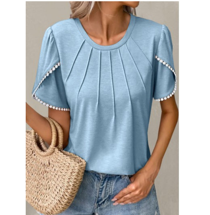 Summer Round Neck Tassel Tulip Sleeve T-shirt Casual Top For Women