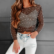 women's beaded mesh lace long sleeve top, view 2 - MRSLM