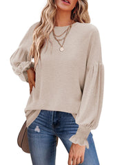 women's pleated lantern sleeve cotton top, view 3 - MRSLM