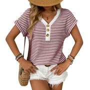 V-neck short sleeve knitted top with buttons, view 10 - MRSLM