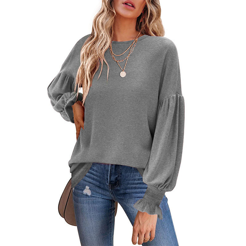 women's pleated lantern sleeve cotton top, view 6 - MRSLM