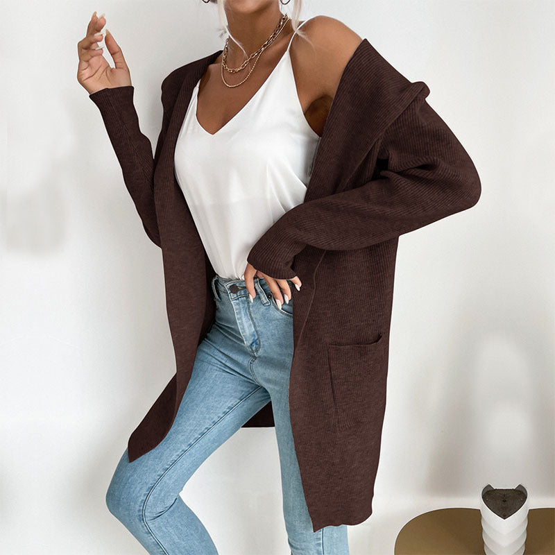 women's sunken stripe knit hooded cardigan, view 3 - MRSLM