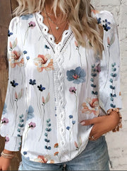 women's v-neck lace stitching long sleeve shirt, view 3 - MRSLM