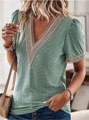 women's v-neck lace puff sleeve top, view 4 - MRSLM