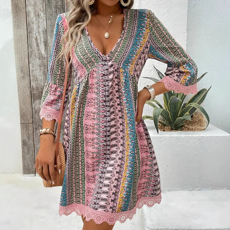 v-neck printed casual loose dress, view 4 - MRSLM