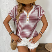 V-neck short sleeve knitted top with buttons, view 7 - MRSLM
