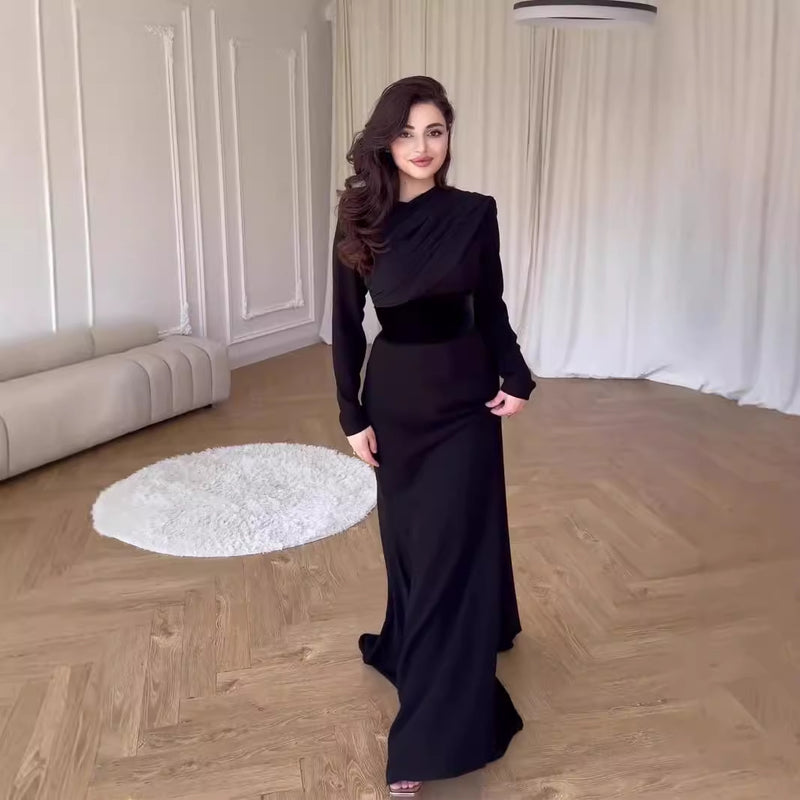 velvet long sleeve shawl dress black, view 3 - MRSLM