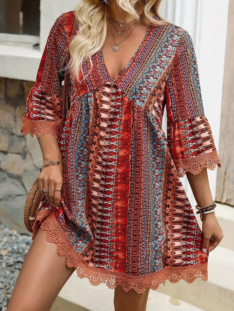 v-neck printed casual loose dress, view 6 - MRSLM