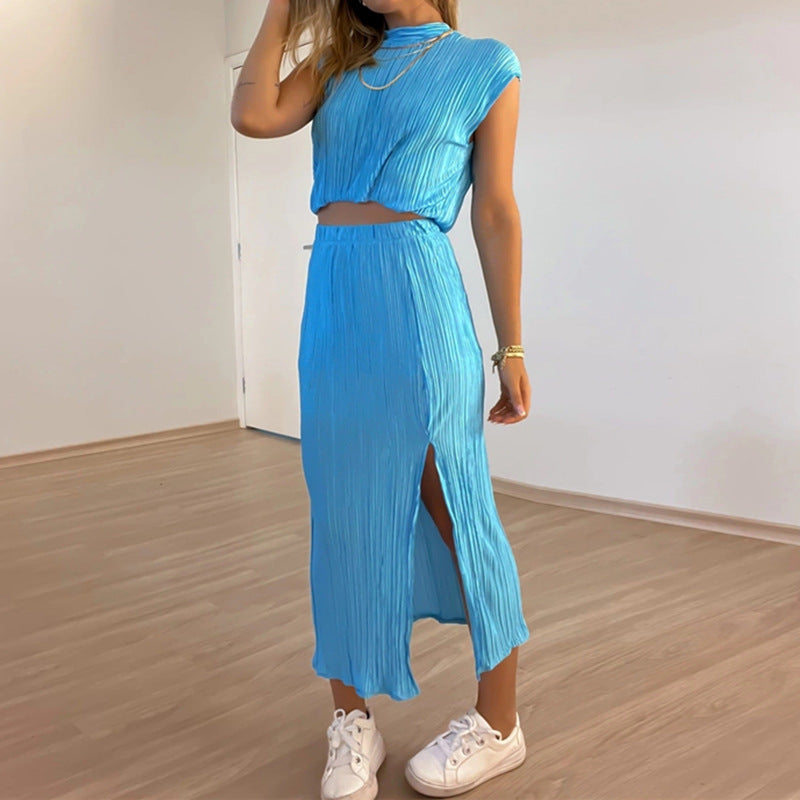 Pleated Half Turtleneck Short Shirt High Waist Mid-length Skirt Two-piece Set