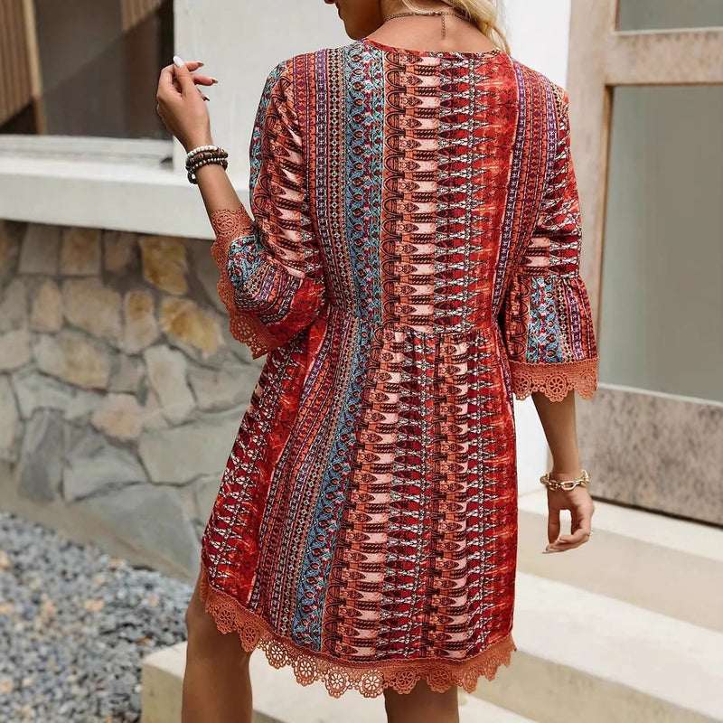 v-neck printed casual loose dress, view 2 - MRSLM