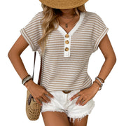 V-neck short sleeve knitted top with buttons, view 12 - MRSLM