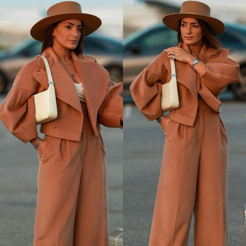 lantern sleeve large lapel coat and pants suit, view 3 - MRSLM