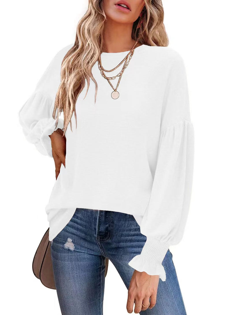 women's pleated lantern sleeve cotton top, view 8 - MRSLM