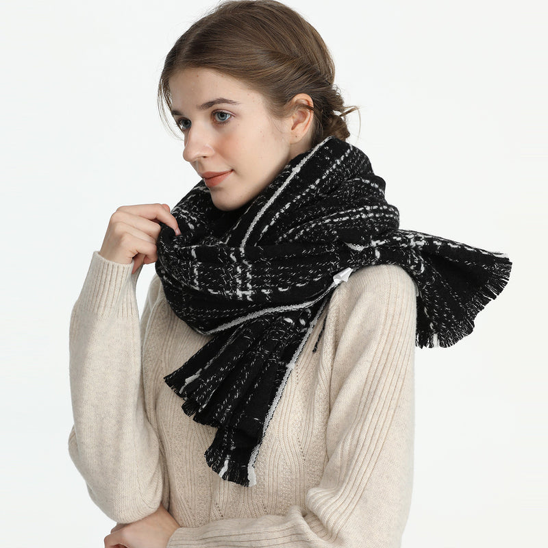 wool pashmina plaid scarf with tassels, view 3 - MRSLM