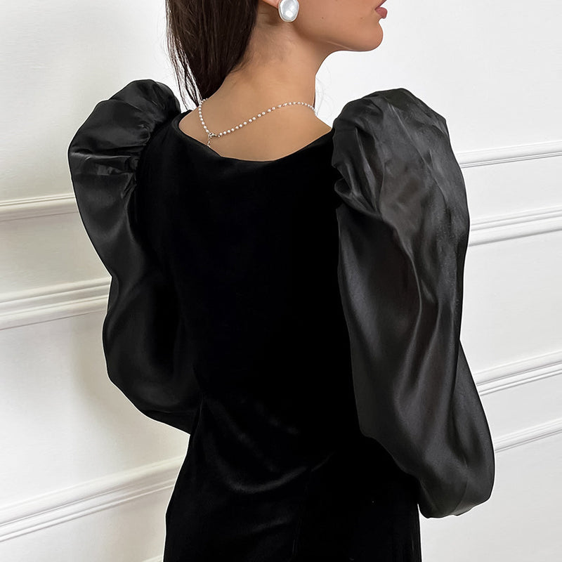 square collar puff sleeve knitted velvet dress, view 3 - MRSLM
