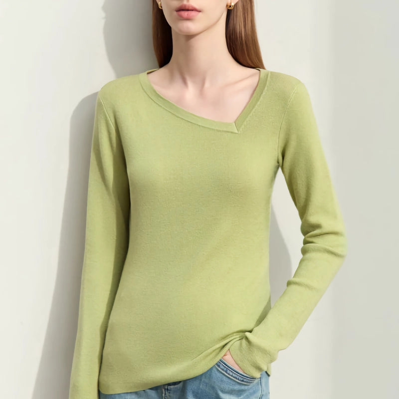 asymmetrical diagonal v-neck slim sweater, view 5 - MRSLM