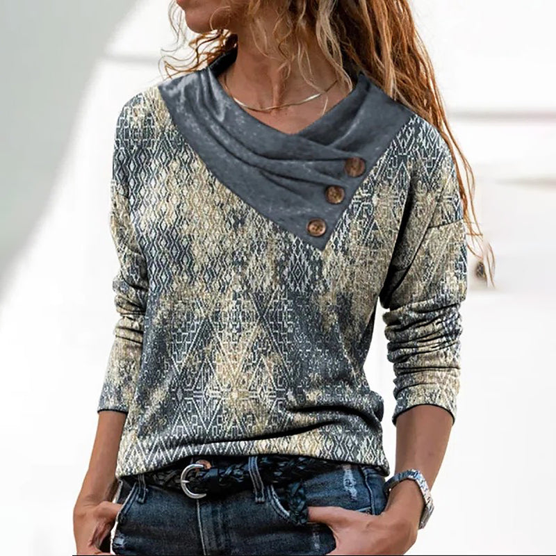 stripe print button v-neck pullover top, view 3 - MRSLM