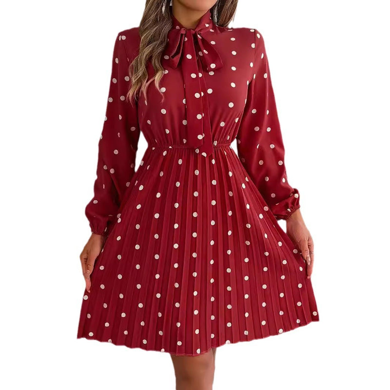 polka dot self-tie long sleeve pleated dress, view 6 - MRSLM