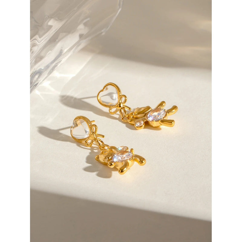 Gold plated panda earrings with cat's eye stone, view 4 - MRSLM