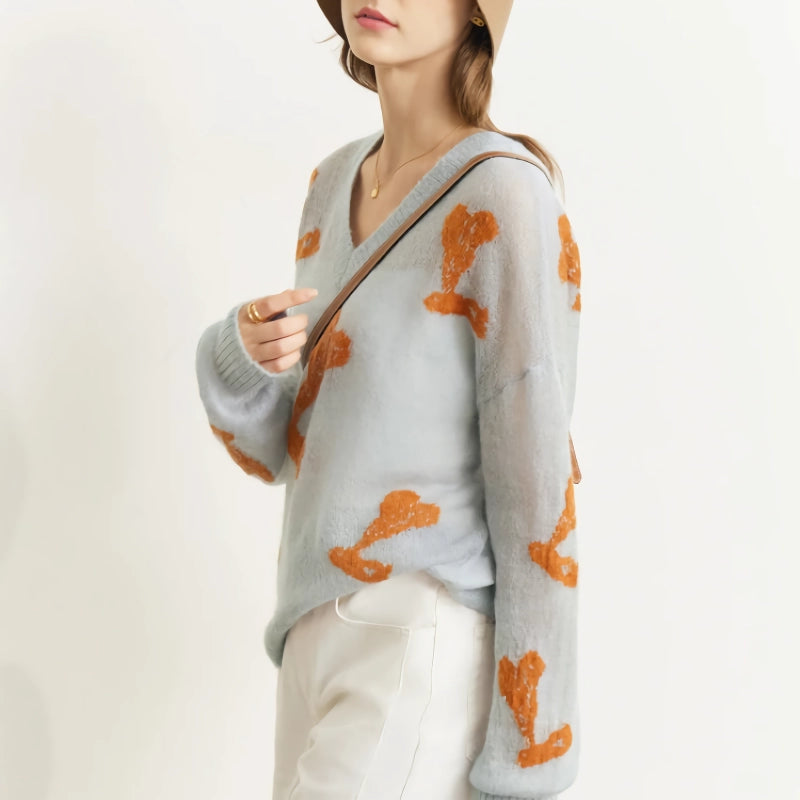 women's v-neck jacquard loose sweater, view 7 - MRSLM