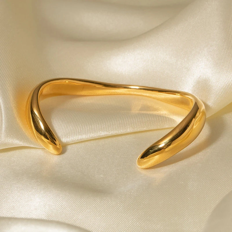 gold stainless steel wavy cuff bracelet, view 3 - MRSLM