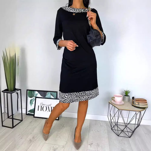 leopard print round neck 3/4 sleeve dress - MRSLM