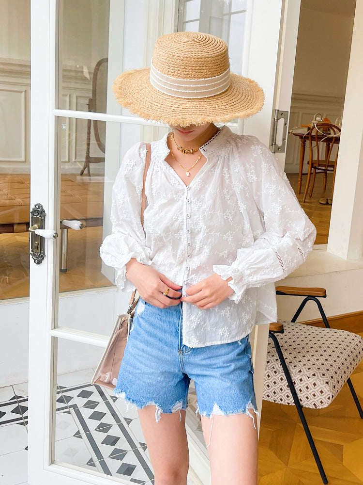 women's embroidered cotton long sleeve shirt, view 4 - MRSLM