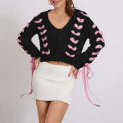 contrast v-neck tie cardigan, view 4 - MRSLM