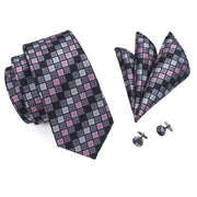 grey plaid silk tie set with cufflinks and pocket square, view 6 - MRSLM