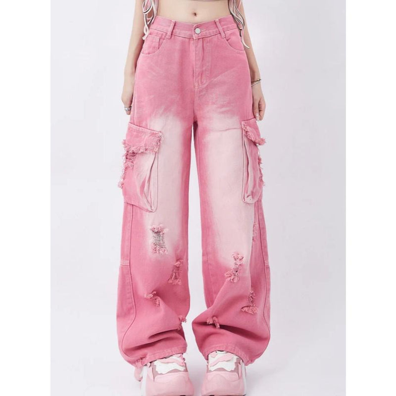 pink high waist wide leg jeans, view 4 - MRSLM