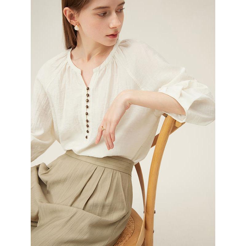 beige linen blend blouse, view 2 - MRSLM