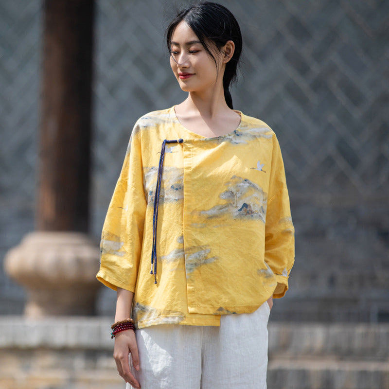 retro crane print linen zen shirt, view 4 - MRSLM