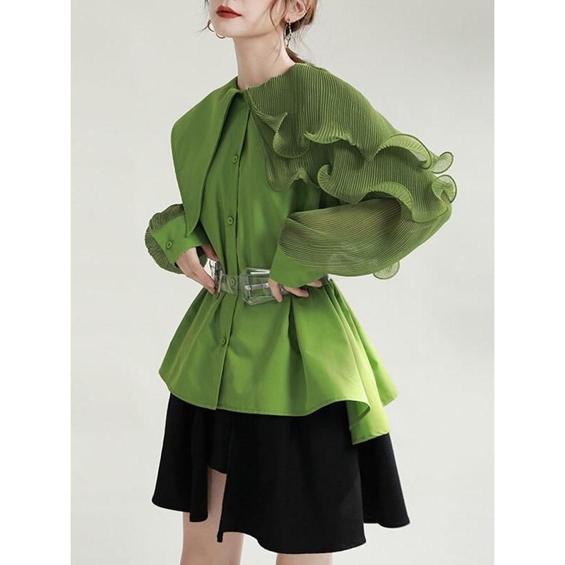 Green Pleated Belted Blouse