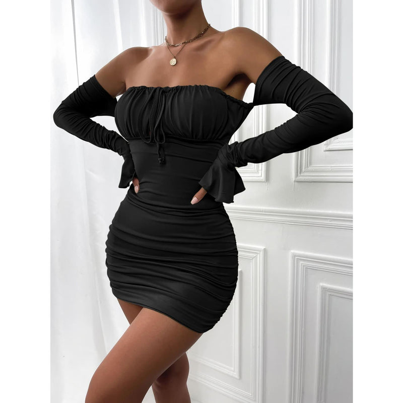 off shoulder bodycon mini dress, view 3 - MRSLM