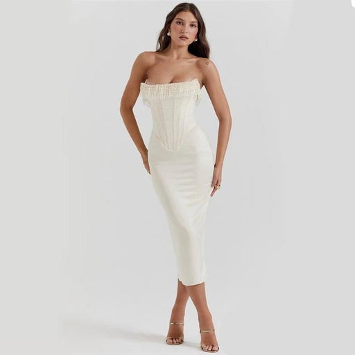 off-shoulder pearl tassel midi dress - MRSLM