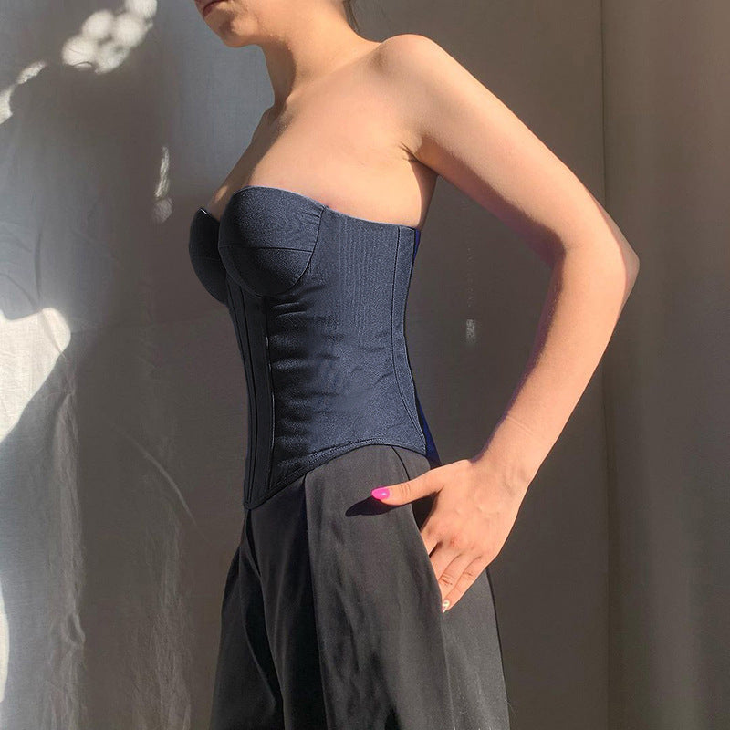 Y2K faux denim tube top with back-tied design, view 4 - MRSLM