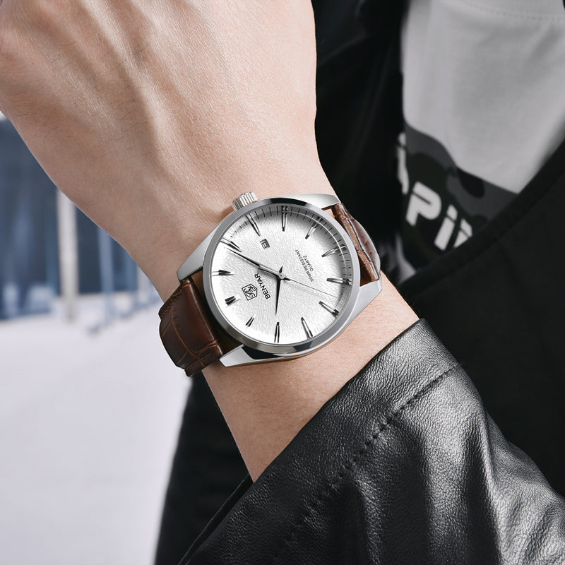 men's leather band quartz watch, view 5 - MRSLM