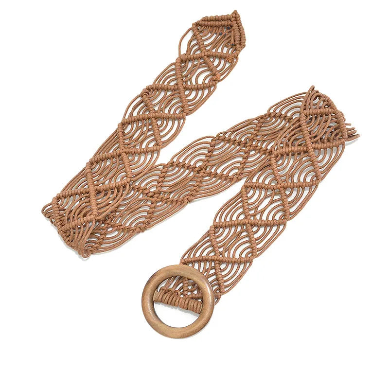boho woven belt with wooden buckle, view 8 - MRSLM