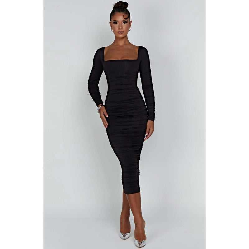 long sleeve ruched midi dress, view 8 - MRSLM