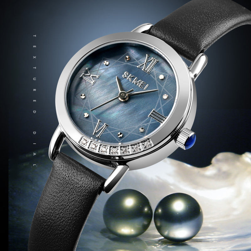 small round leather strap ladies quartz watch, view 9 - MRSLM