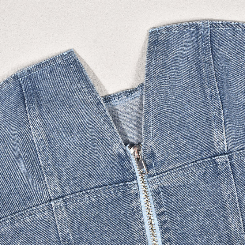 washed denim zipper tube top, view 10 - MRSLM