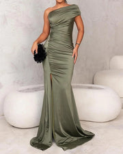 women's solid green asymmetric dress, view 6 - MRSLM