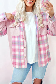 Women's pink plaid corduroy patchwork shacket, view 3 - MRSLM