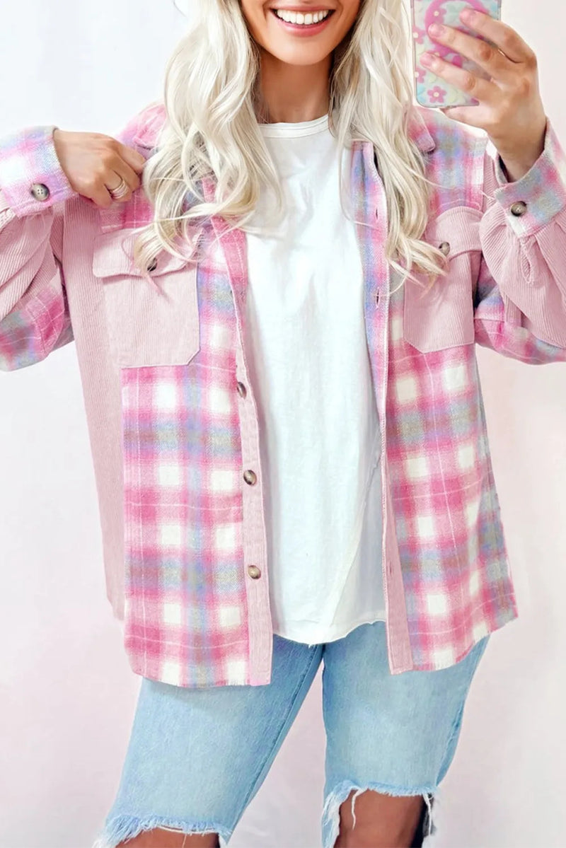 Women's pink plaid corduroy patchwork shacket, view 3 - MRSLM