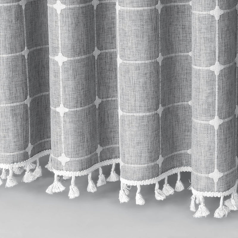 jacquard linen shower curtain with tassels, view 4 - MRSLM