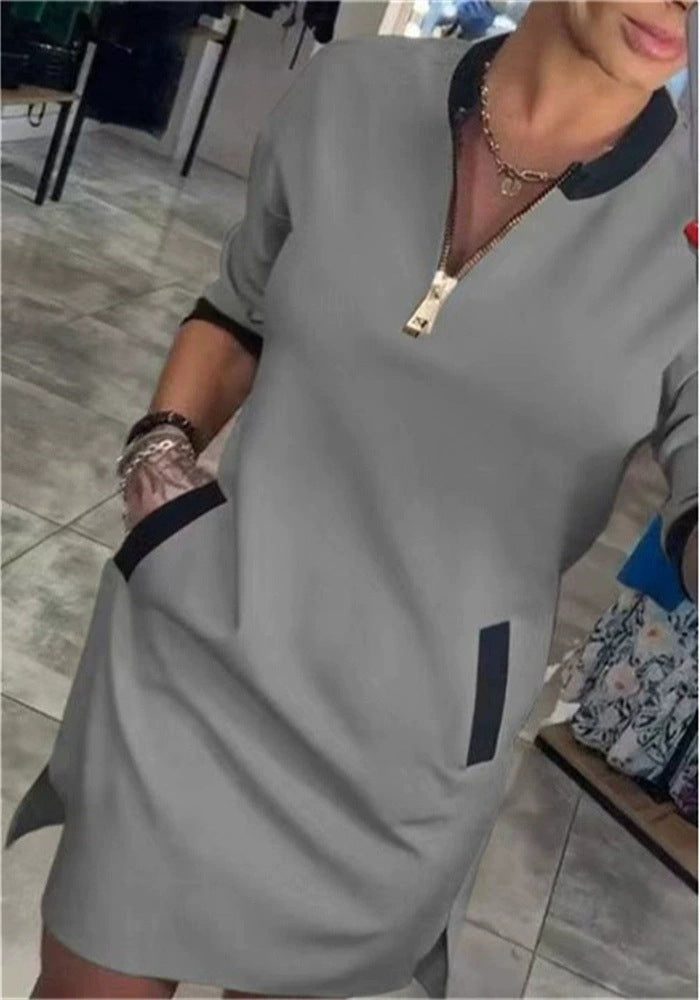 women's midi dress round neck zipper pocket, view 8 - MRSLM