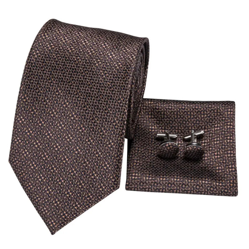 brown silk necktie set with pocket square and cufflinks, view 5 - MRSLM